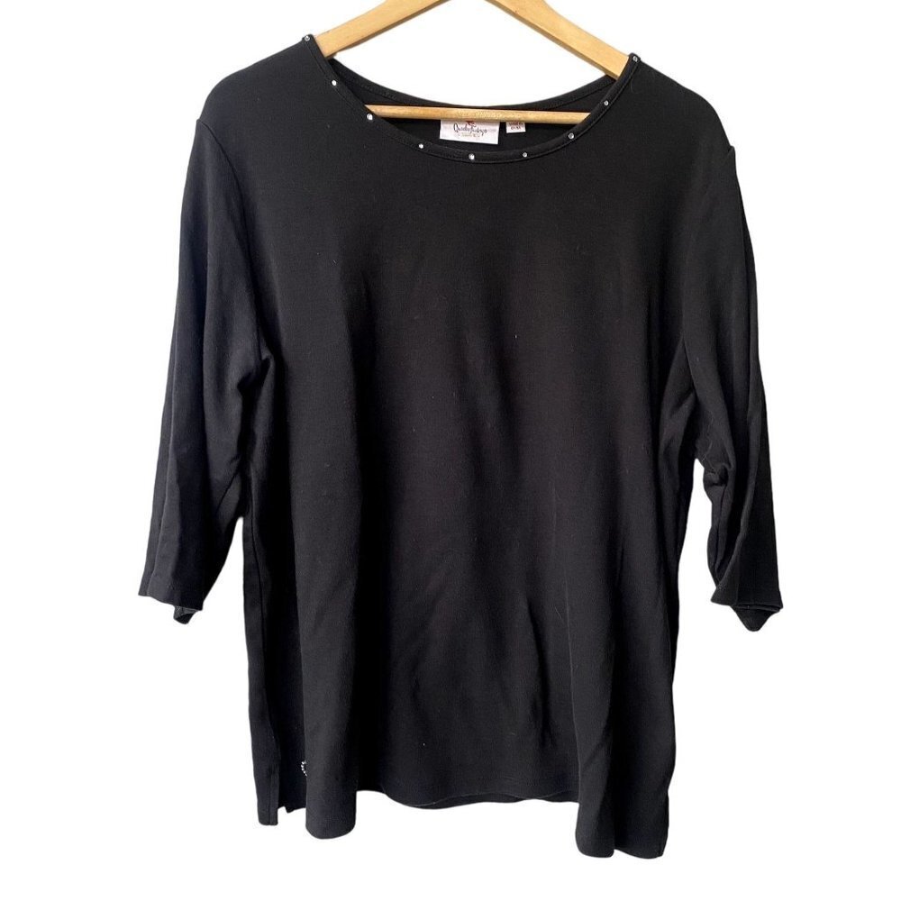 Quacker Factory Embellished Black Size 2X 3/4 Sleeve Scoopneck‎ Top